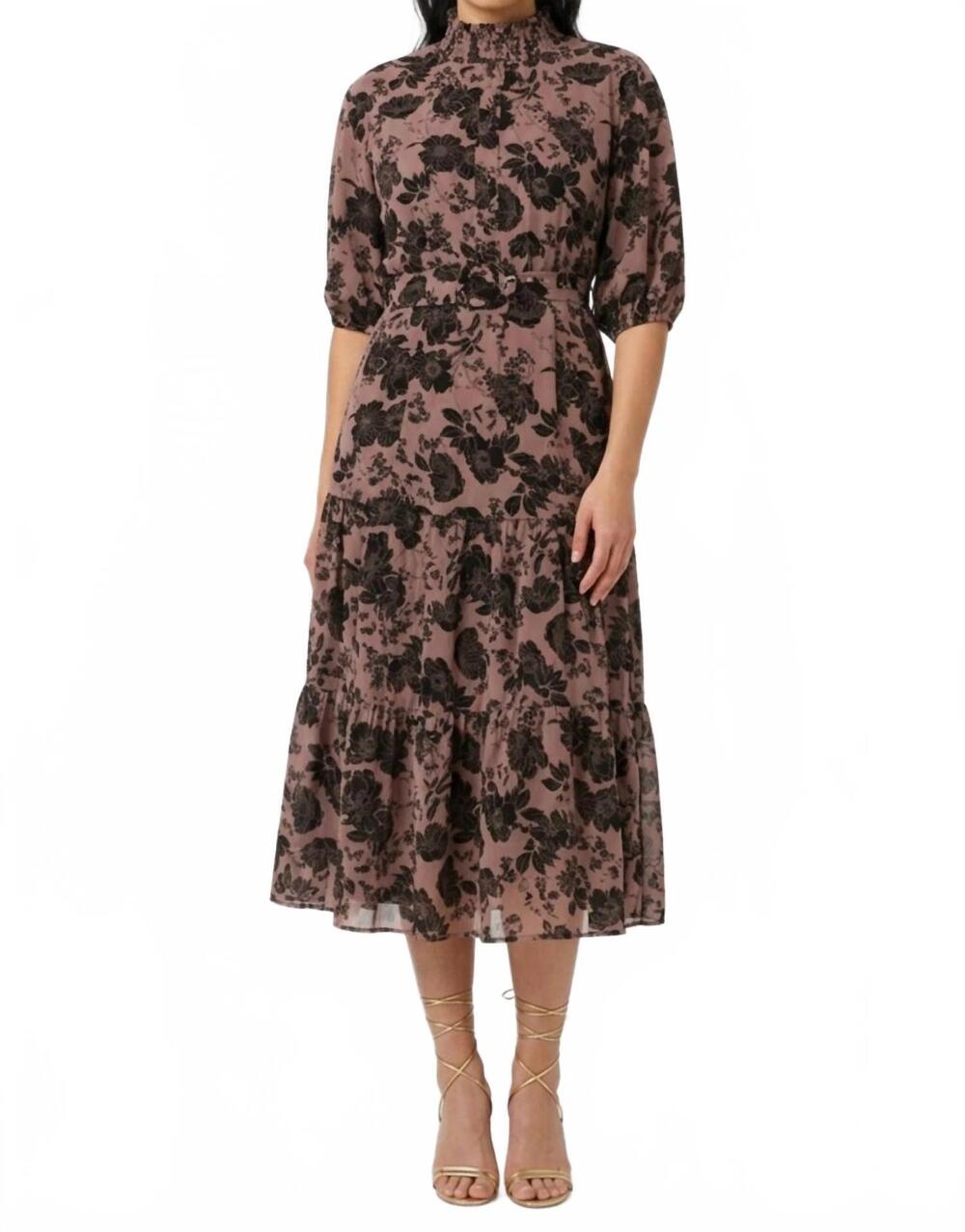 NEW LAUNDRY BY SHELLI SEGAL print smocking mock neck belted dress in black flora
